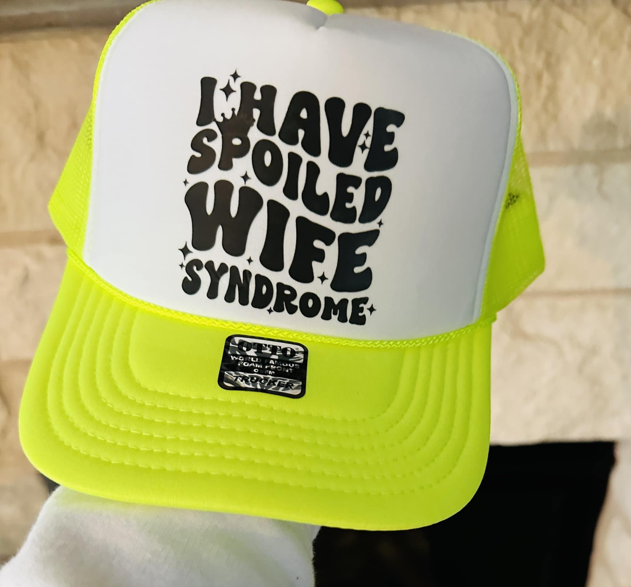 Spoiled Wife Syndrome DTF Printed Neon Yellow & White Trucker Hat