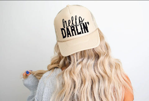 Hello Darlin DTF Printed Tan Trucker Hat