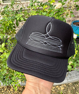 White Boot Stitch Embroidered Black Trucker Hat