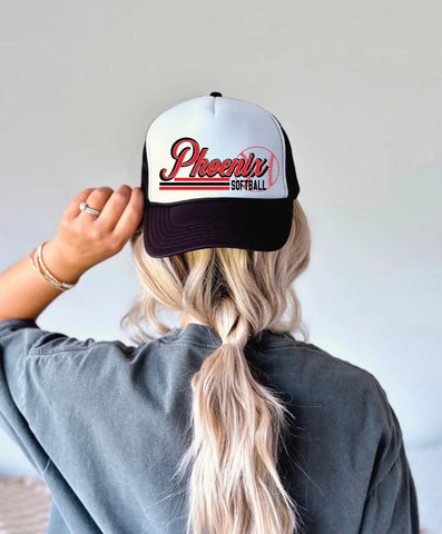 Jennifer- Phoenix School Spirit Softball DTF Printed Black & White Trucker Hat