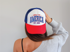 Gulf Of America DTF Printed Red/White/Blue Trucker Hat