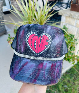 Love Checkered Painted DTF Printed Black Trucker Hat