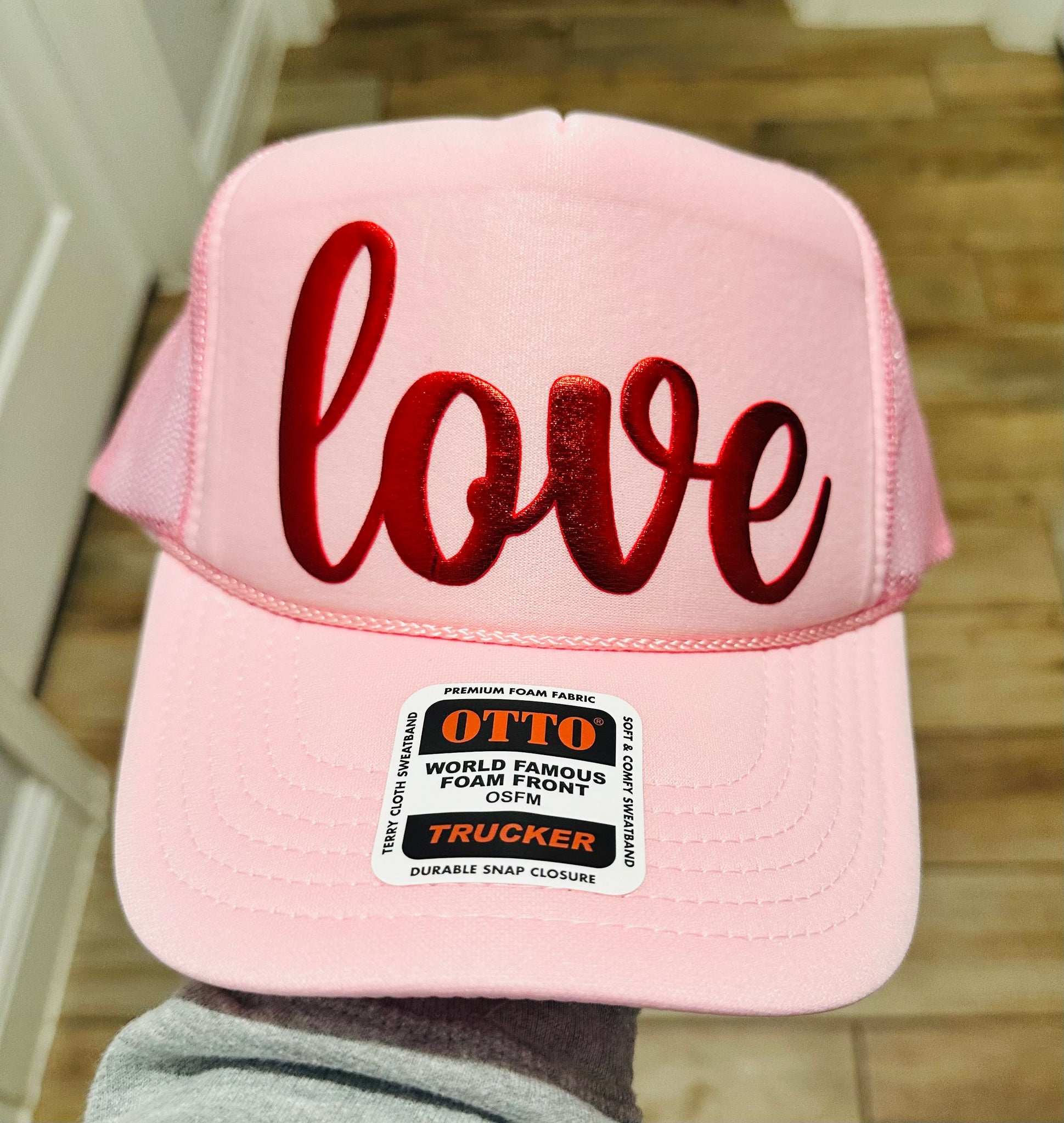 3D Puff Vinyl Love Metallic Red on Light Pink Foam Trucker Hat