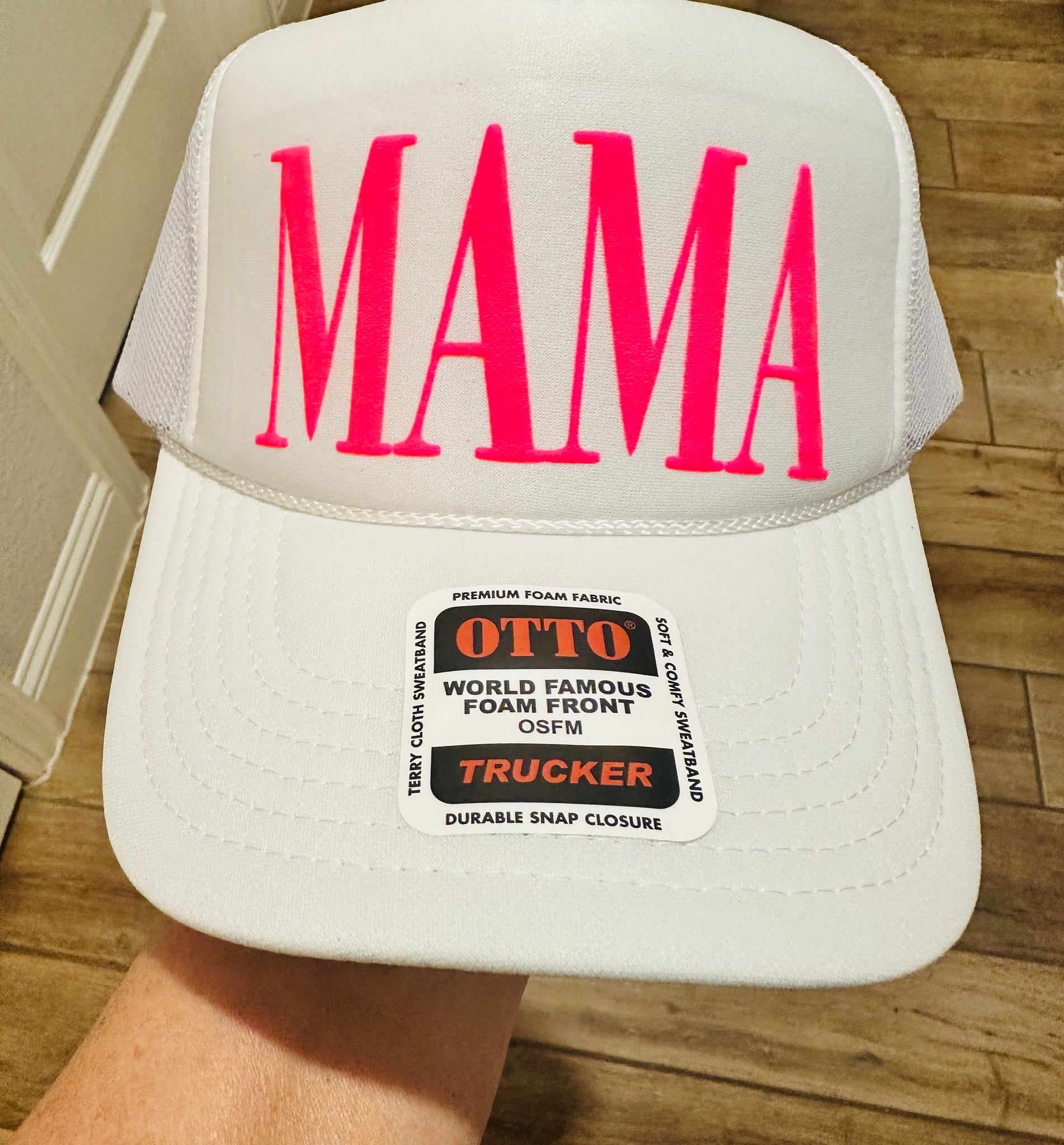 MAMA Puff Vinyl Neon Pink 0n a White Foam Trucker Hat