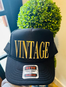 VINTAGE 3D Puff Vinyl METALLIC GOLD on Black Foam Trucker Hat