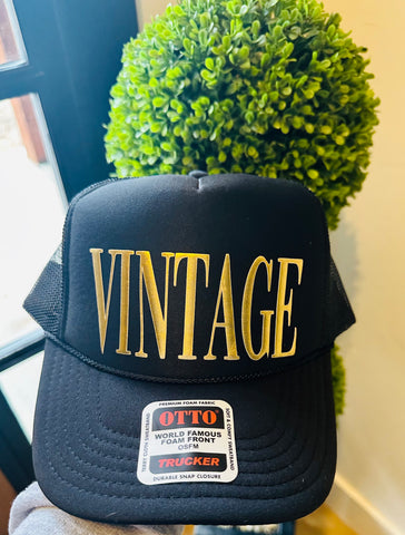 VINTAGE 3D Puff Vinyl METALLIC GOLD on Black Foam Trucker Hat