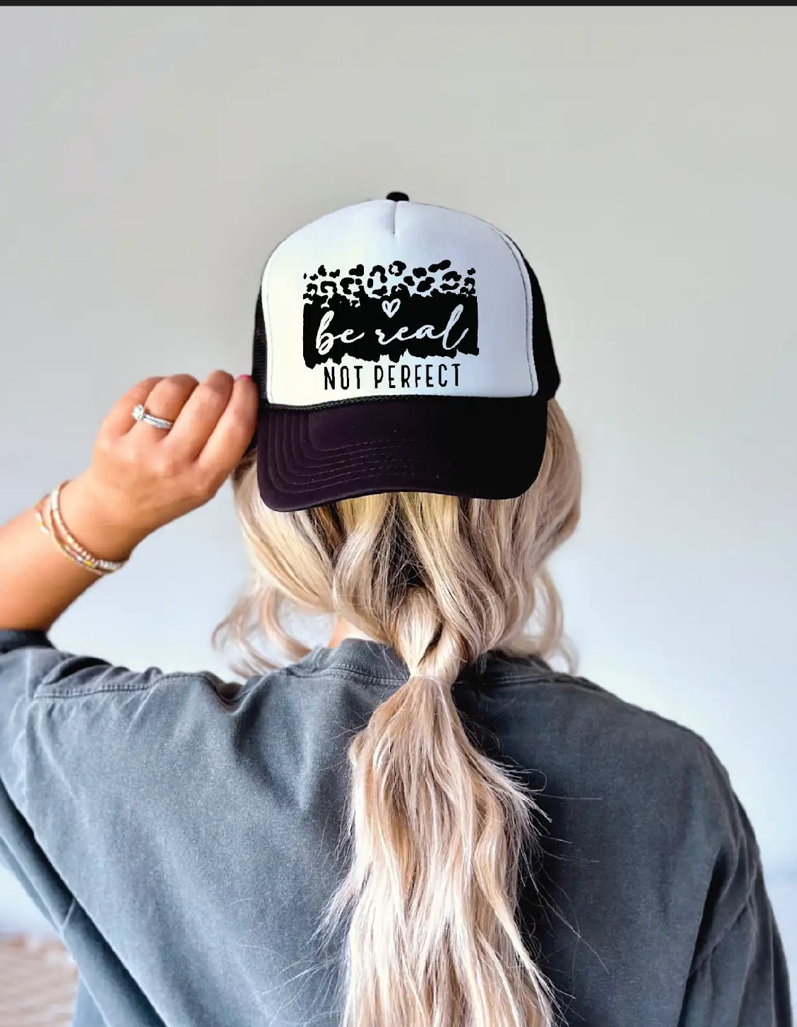 Be Real Not Perfect DTF Printed Black and White Foam Trucker Hat