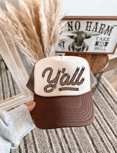 Y'all DTF Printed Brown & Tan Foam Trucker Hat