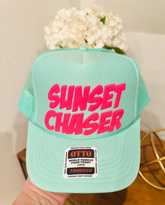 3D Puff Vinyl Sunset Chaser Neon Pink on Seafoam Foam Trucker Hat