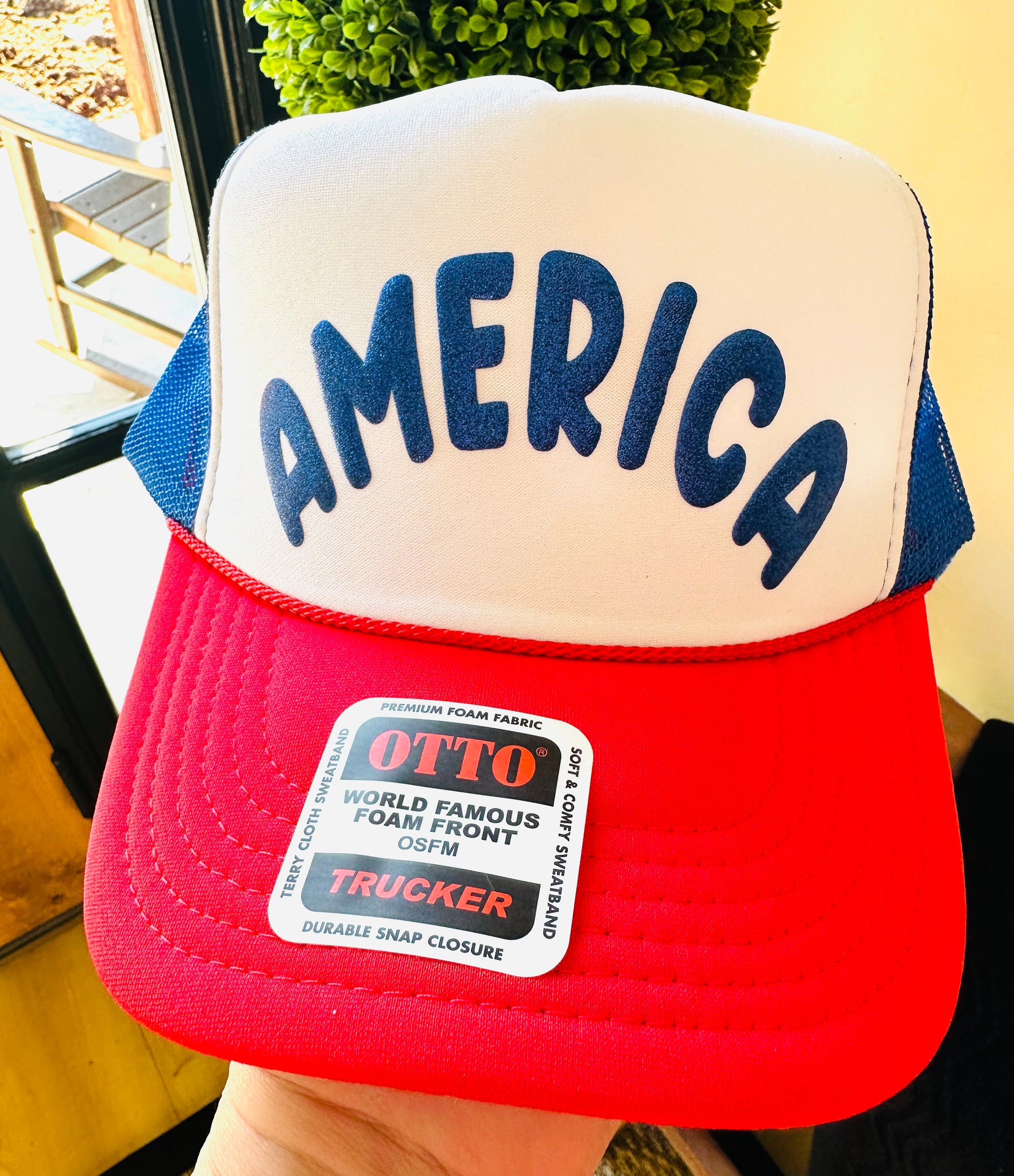 America In Royal Blue Glitter Puff Vinyl Printed Red/White/Blue Trucker Hat