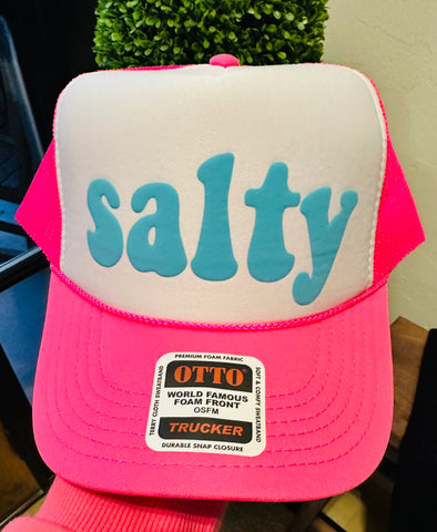 SALTY Turquoise Blue Puff Vinyl on Neon Pink & White Trucker Hat