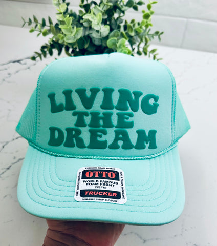 3D Puff Vinyl Living The Dream Neon Pink Puff Vinyl on Seafoam Foam Trucker Hat