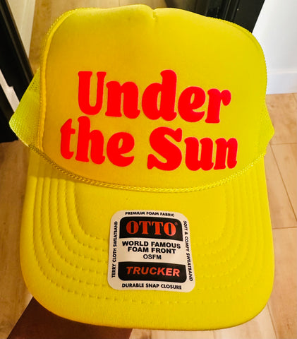 Under The Sun Neon Pink Puff Vinyl on Neon Yellow Trucker Hat