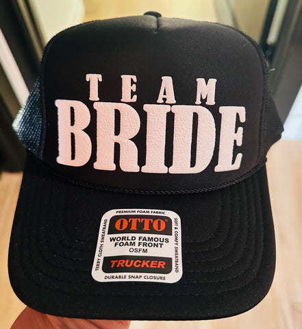 Team Bride 3D Puff Vinyl White on Black Foam Trucker Hat