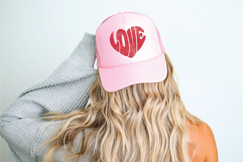 Love Heart DTF Printed Light Pink Trucker Hat