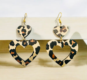 Leopard Wood Heart Dangles