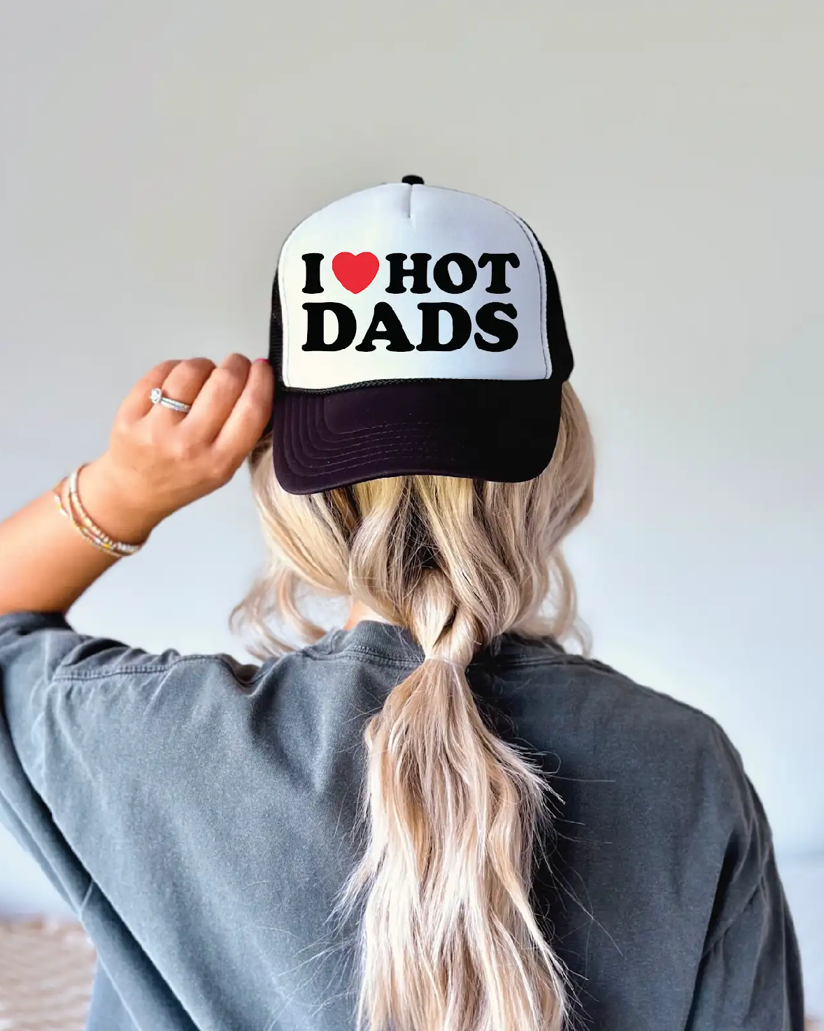 l LOVE Hot Dads DTF Printed Black & White Foam Trucker Hat