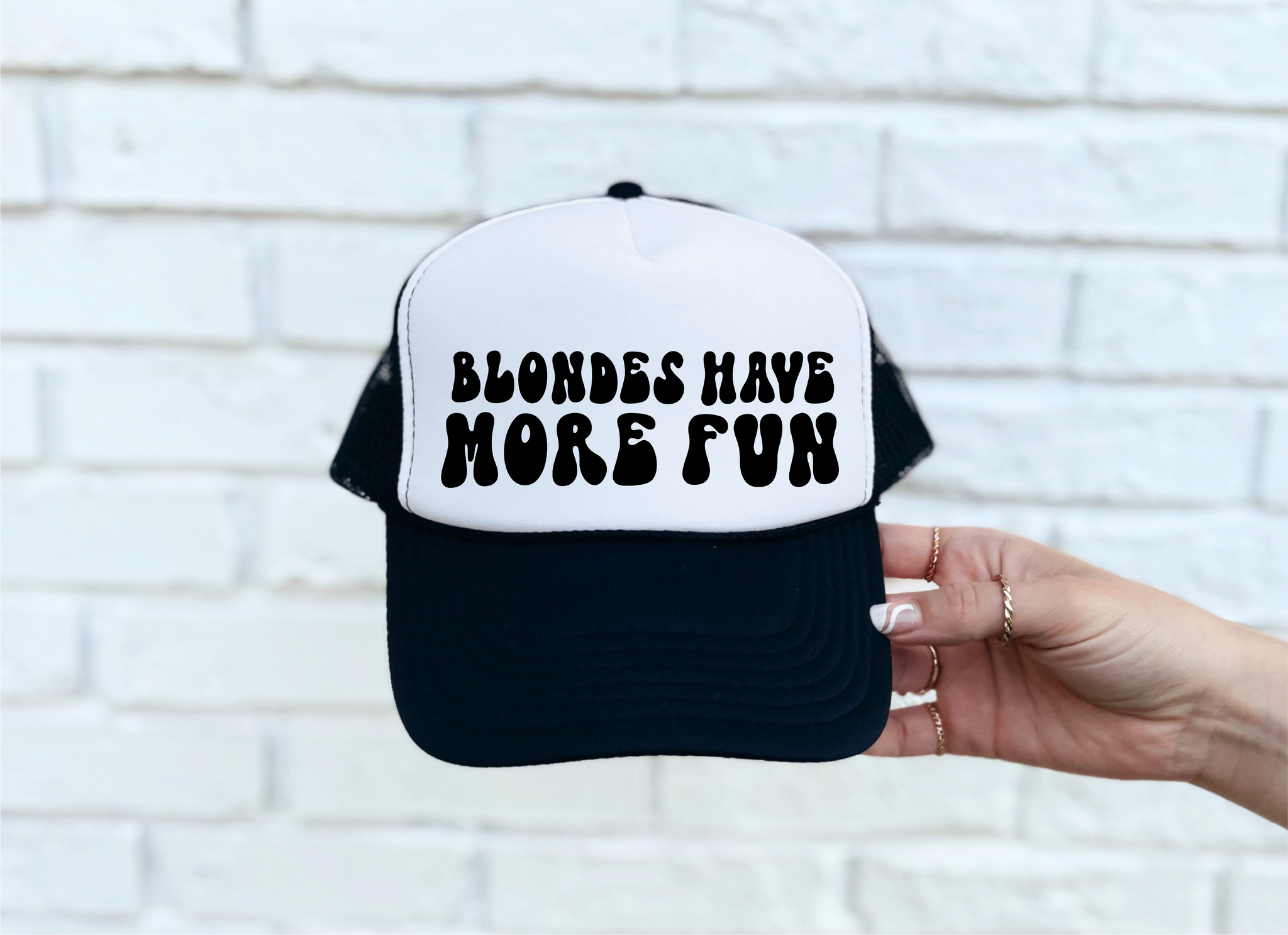 Blondes Have More Fun DTF Printed Black & White Trucker Hat