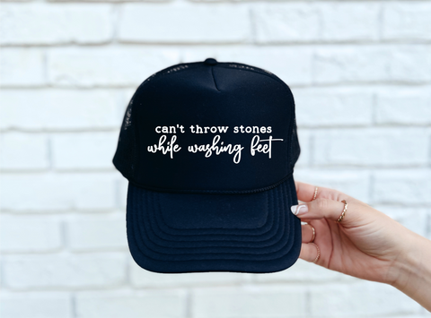 Can't Throw Stones DTF Printed Black Trucker Hat