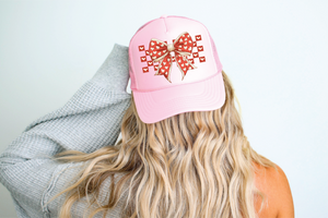 Red Checkered Bow DTF Printed Pink Trucker Hat