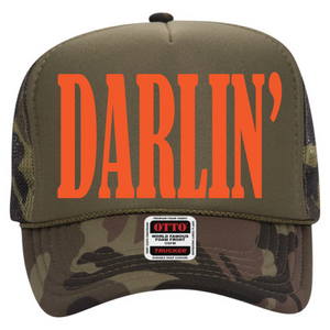 Darlin in orange dtf printed on camo and Olive Foam Trucker Hat