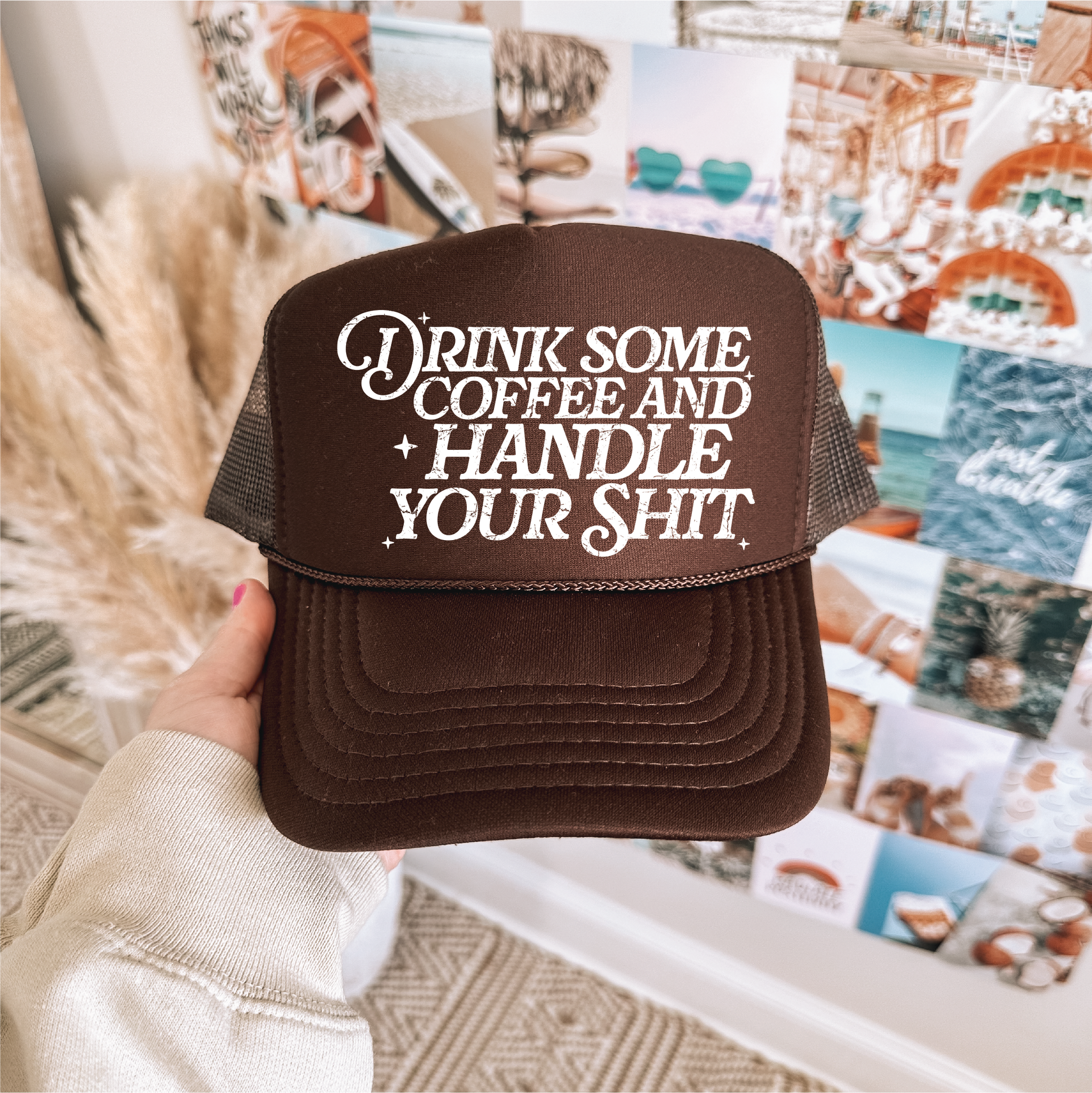 Drink Some Coffee DTF Printed Brown Trucker Hat