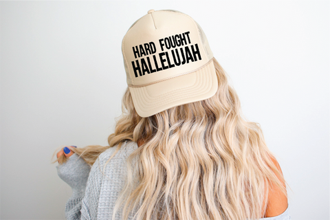 Hard Fought Hallelujah DTF Printed Tan Trucker Hat