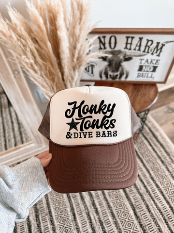 Honky Tonk Dive Bars DTF Printed Brown & Tan Trucker Hat/ Black Ink