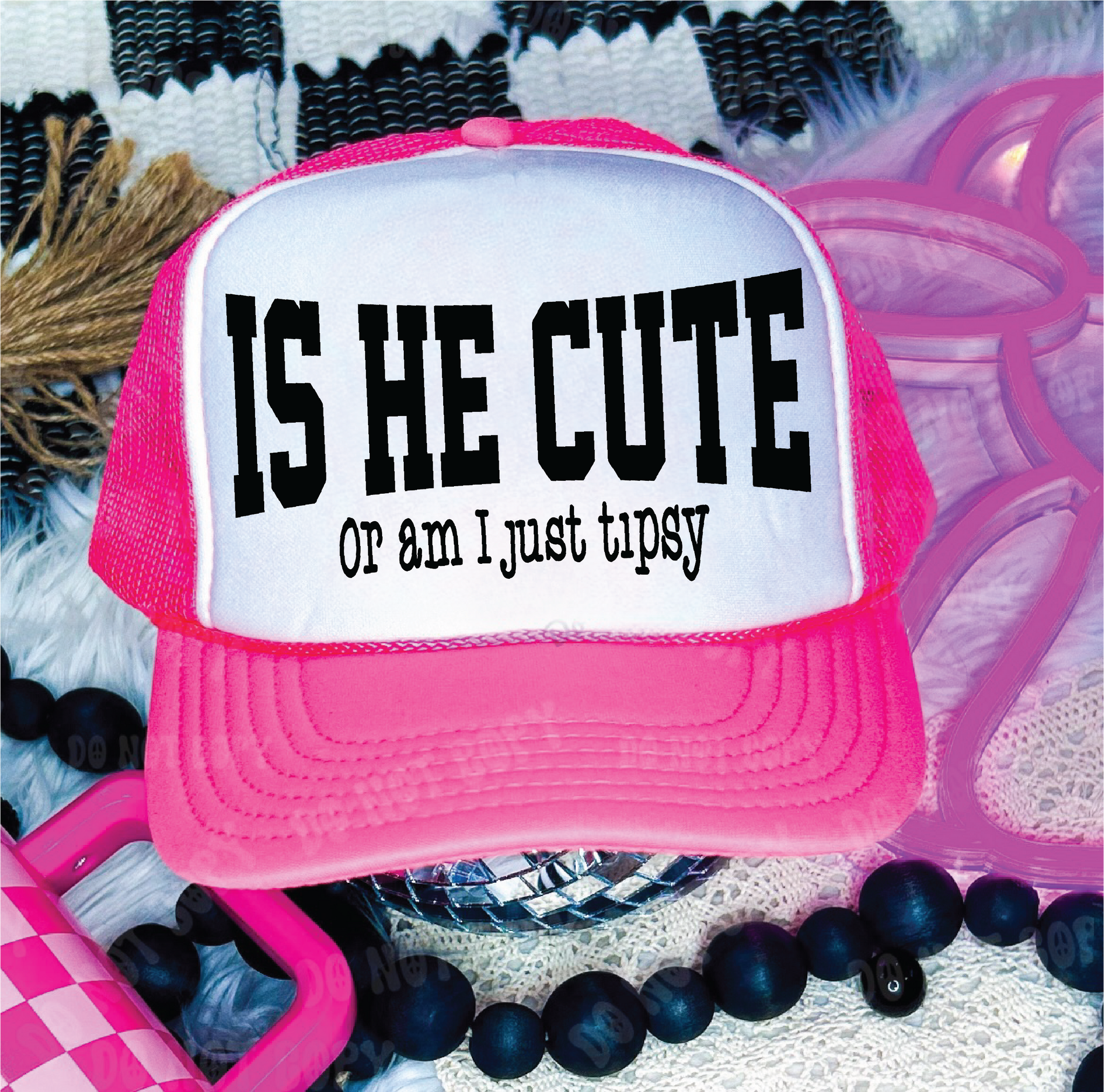 Is He Cute DTF Printed Neon Pink & White Trucker Hat