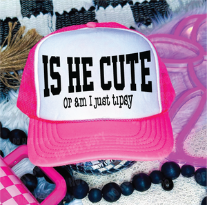 Is He Cute DTF Printed Neon Pink & White Trucker Hat