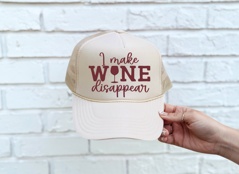 Make Wine Disappear DTF Printed Tan Trucker Hat