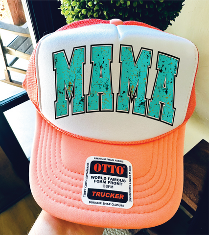 Mama Turquoise DTF on Coral and White Trucker Hat