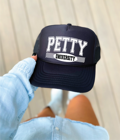 Petty University DTF Printed Black Trucker Hat