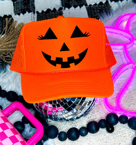 Pumpkin Face DTF Printed Neon Orange Trucker Hat