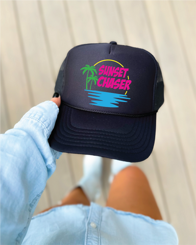 Sunset Chaser DTF Printed Black Trucker Hat