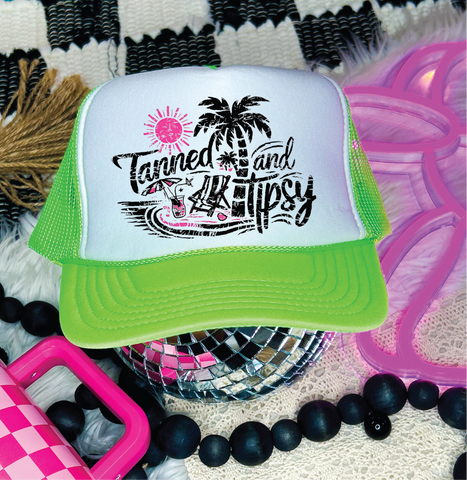 Tanned and Tipsy DTF Printed Neon Green & White Trucker Hat