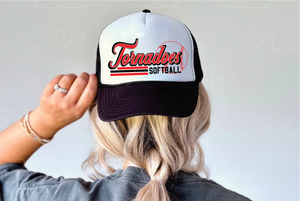 School Spirit Softball DTF Printed Black & White Trucker Hat