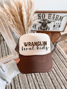 Leanna Spriggle Custom- Wranglin Feral Kids DTF Printed Brown & Tan Trucker Hat/ Brown & Black Ink