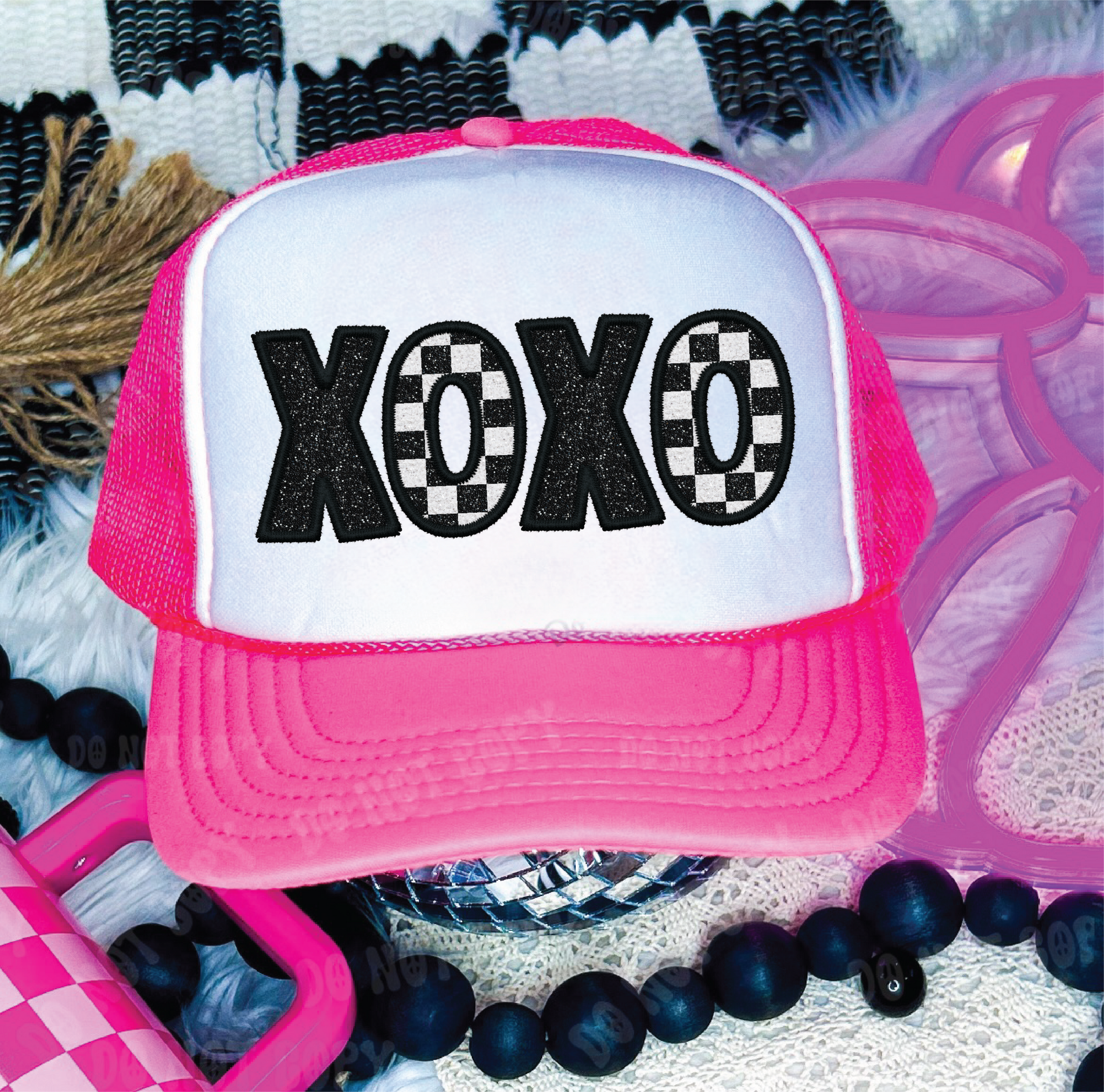 XO XO FAUX GLITTER LOOK DTF Printed Neon Pink & White Trucker Hat